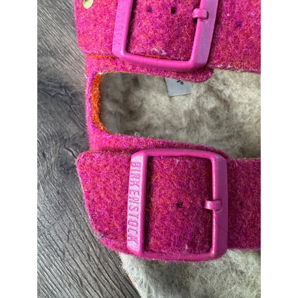 Birkenstock Arizona Shearling Pink Wool Felt Sandals Orange Sole Narrow 40 L9 M7 - Picture 10 of 10
